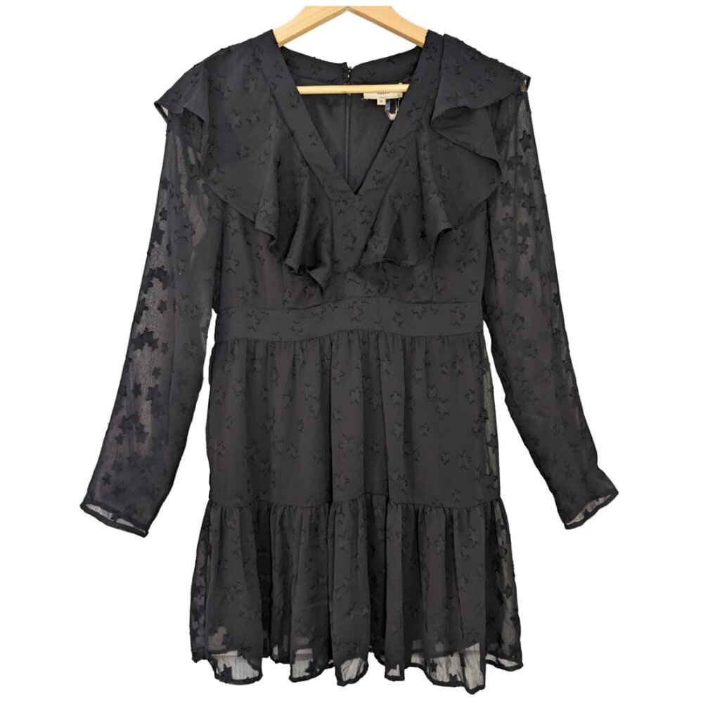 NWT Entro Black Star Burnout Ruffle Mini Dress Size M Babydoll Boho Whimsigoth